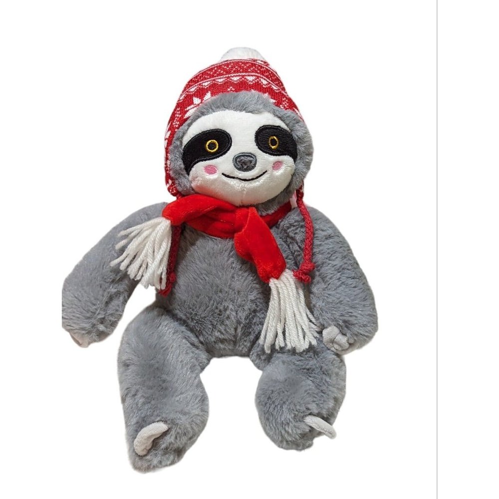 Sloth plush gray 12” red hat scarf Publix Christmas Winter
